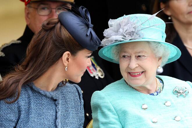 NOTTINGHAM, ENGLAND - JUNE 13: Catherine, Duchess of Cambridge and Queen Elizabeth II are seen talking during a visit to Vernon Park during a Diamond Jubilee visit to Nottingham on June 13, 2012 in Nottingham, England. (Photo by Danny Martindale/FilmMagic)